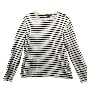 VTG 90s Lauren Ralph Lauren Striped Long Sleeve Top Womens XL Beige Navy Button